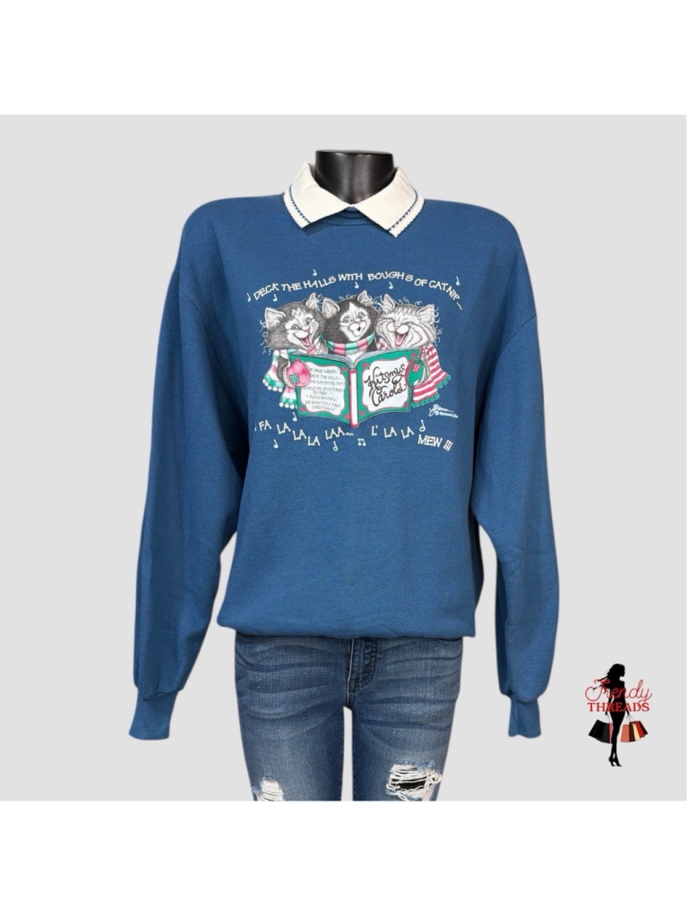 80s 90s VTG Kitty Cat Christmas Graphic Whimsical Sweater Sweat Shirt Grannycore